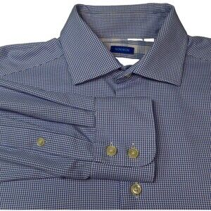 Egara Shirt Mens Med  Blue Micro Check Flip Cuff Long Sleeve Button Up Slim Fit